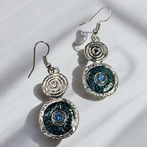 Silver Tone Dangling Pierced Earrings Hook Blue Green Swirls GAUDI Barcelona